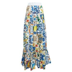 Dolce & Gabbana Multicolor Majolica Print Tiered Cotton Maxi Skirt sz 36